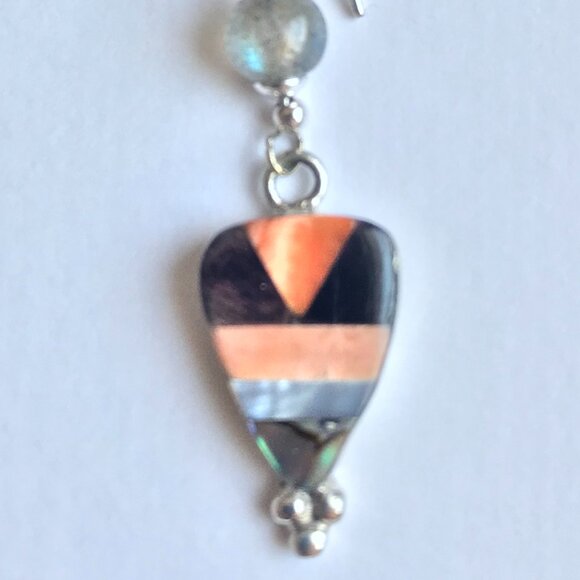 Sterling Silver, Labradorite and Shell Dangle Earrings - Picture 2 of 9